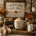 Pumpkin Spice Latte Bar 10 inch metal fall sign with pumpkin spice coffee, cinnamon, rustic mugs, plaid accents and Sip Savor Enjoy sentiment, TTE-646.