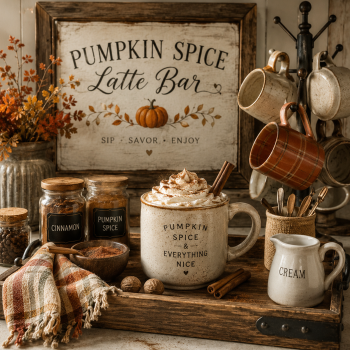 Pumpkin Spice Latte Bar fall metal sign with pumpkin, coffee mug and warm autumn kitchen decor.