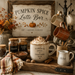 Pumpkin Spice Latte Bar fall metal sign with pumpkin, coffee mug and warm autumn kitchen decor.