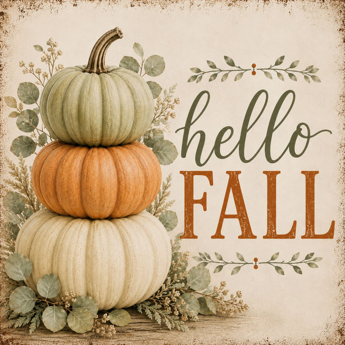 10 x 10 metal fall wreath sign featuring stacked neutral pumpkins with eucalyptus greenery and a Hello Fall message. Exclusive Trendy Tree Design for deco mesh wreaths, grapevine wreaths, or framing. SKU TTE-481.