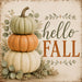 10 x 10 metal fall wreath sign featuring stacked neutral pumpkins with eucalyptus greenery and a Hello Fall message. Exclusive Trendy Tree Design for deco mesh wreaths, grapevine wreaths, or framing. SKU TTE-481.