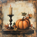 The 10 x 10 Vintage Pumpkin & Candlestick Sign TTE-035 features a lit candle on a vintage candlestick beside a pumpkin amid scattered autumn leaves, set against an earthy, textured backdrop.