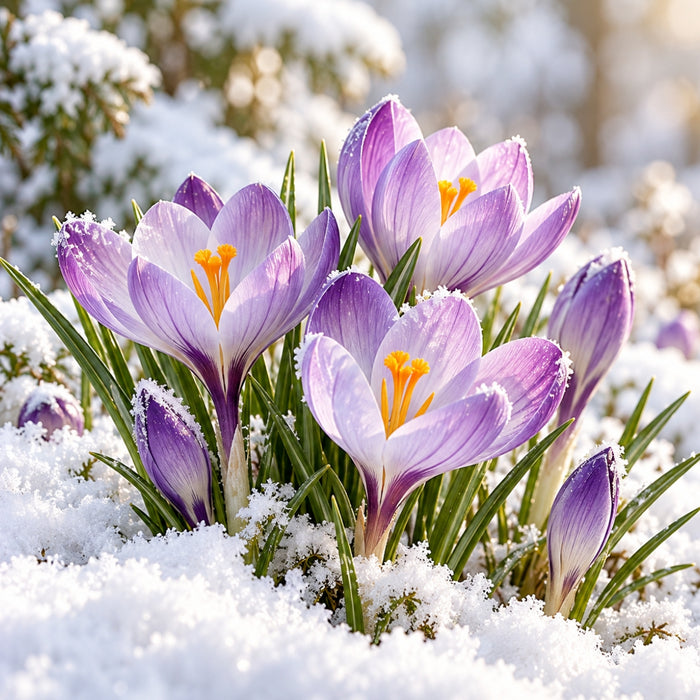 Purple crocus flowers with golden yellow centers blooming through fresh snow in warm sunlight on winter metal wreath sign TTE-827.