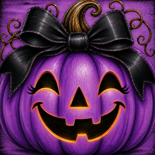 Purple jack-o'-lantern 10 inch metal Halloween sign with oversized black bow, curly stem and glowing orange accents, TTE-617.
