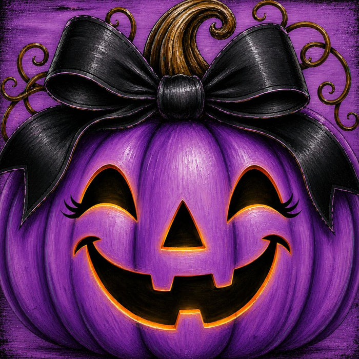 Purple jack-o'-lantern 10 inch metal Halloween sign with oversized black bow, curly stem and glowing orange accents, TTE-617.