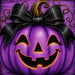 Purple jack-o'-lantern 10 inch metal Halloween sign with oversized black bow, curly stem and glowing orange accents, TTE-617.