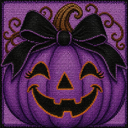Purple needlepoint jack-o'-lantern 10 inch metal Halloween sign with black bow and orange accents for wreath and front door decor, TTE-616.