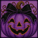 Purple needlepoint jack-o'-lantern 10 inch metal Halloween sign with black bow and orange accents for wreath and front door decor, TTE-616.