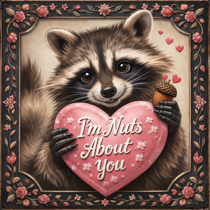 10 inch square metal Valentine sign featuring a raccoon holding a pink heart with I’m Nuts About You text and acorn detail, exclusive Trendy Tree design for mesh or grapevine wreaths and framing