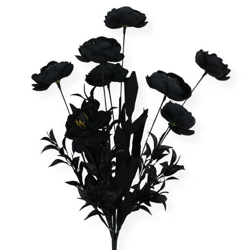 19-inch artificial black ranunculus bush with black blooms and foliage for Halloween wreaths, floral arrangements, and spooky seasonal décor.