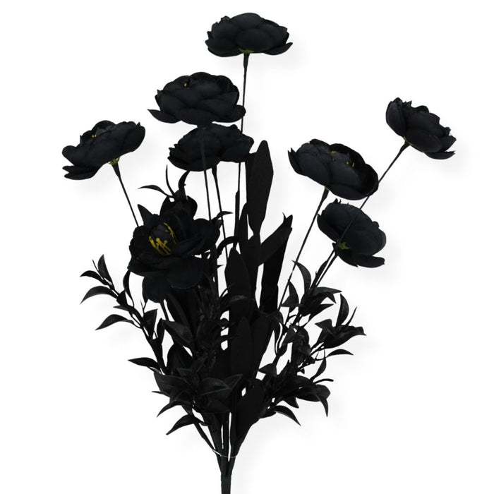 19-inch artificial black ranunculus bush with black blooms and foliage for Halloween wreaths, floral arrangements, and spooky seasonal décor.