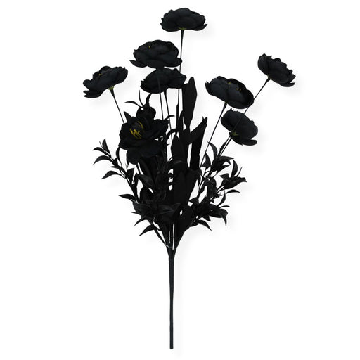 19-inch artificial black ranunculus bush with black blooms and foliage for Halloween wreaths, floral arrangements, and spooky seasonal décor.