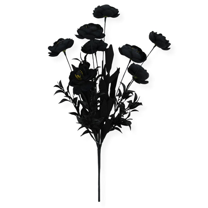 19-inch artificial black ranunculus bush with black blooms and foliage for Halloween wreaths, floral arrangements, and spooky seasonal décor.