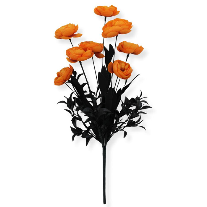 19-inch artificial orange ranunculus bush with black foliage for Halloween wreaths, centerpieces, and seasonal floral arrangements.