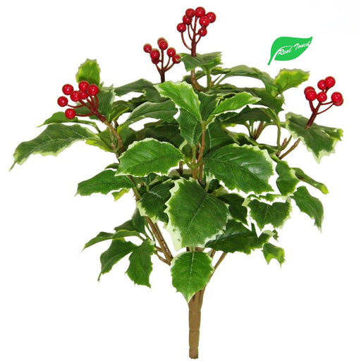 Real Touch variegated green holly leaf and red berry bush, 14 inches.