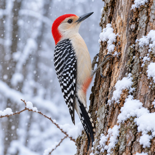 Flat metal winter wildlife sign featuring a red-bellied woodpecker with a bright red head, cream-colored chest, and black-and-white barred wings clinging to a textured tree trunk covered with fresh snow. A softly blurred snowy woodland and falling snowflakes complete the scene. TTE-862.