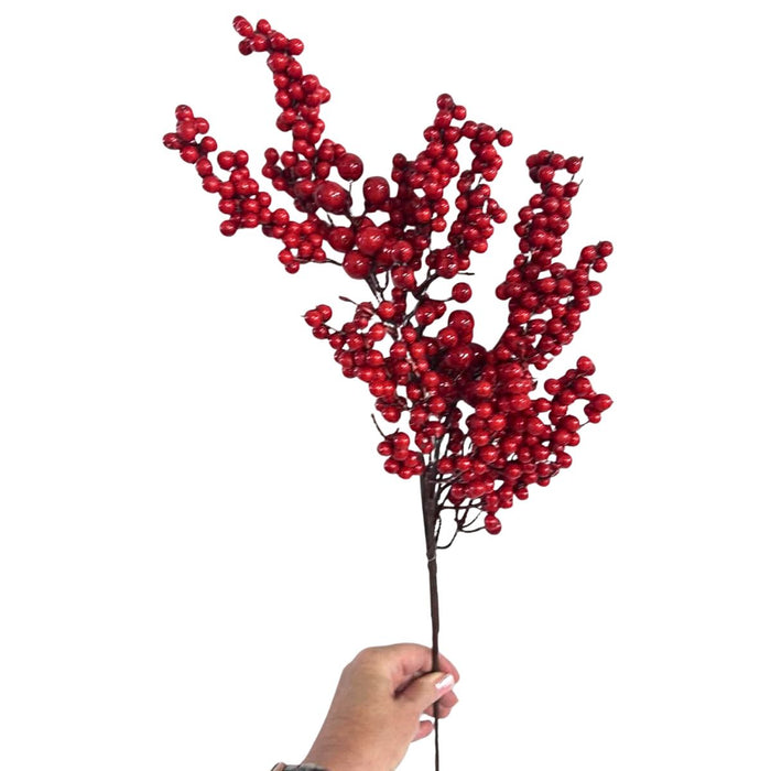 Red berry Christmas spray with nine branching stems and glossy red berries, 27 inches.