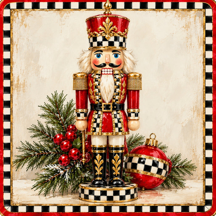 Christmas nutcracker metal sign featuring a red and gold nutcracker with black and white check accents, evergreen branches, red berries, and matching ornament, TTE-835.
