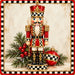 Christmas nutcracker metal sign featuring a red and gold nutcracker with black and white check accents, evergreen branches, red berries, and matching ornament, TTE-835.