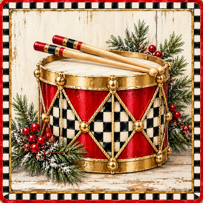 Christmas toy drum metal sign featuring a red and black and white check drum with gold accents, wooden drumsticks, evergreen branches, red berries, and check border, TTE-837.