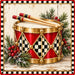 Christmas toy drum metal sign featuring a red and black and white check drum with gold accents, wooden drumsticks, evergreen branches, red berries, and check border, TTE-837.