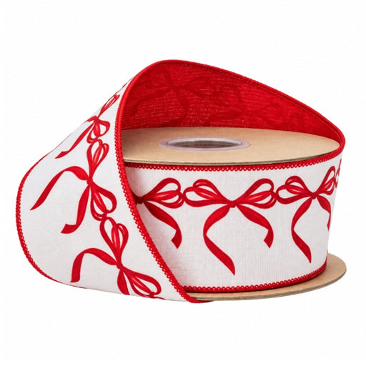 A spool of Red Bow Garland Wired Dupioni Ribbon with Red Backing 2.5″ x 10 Yards 9744W-010-63E, featuring a white base with a repeating red bow pattern, stitched edges, and a solid red backing.