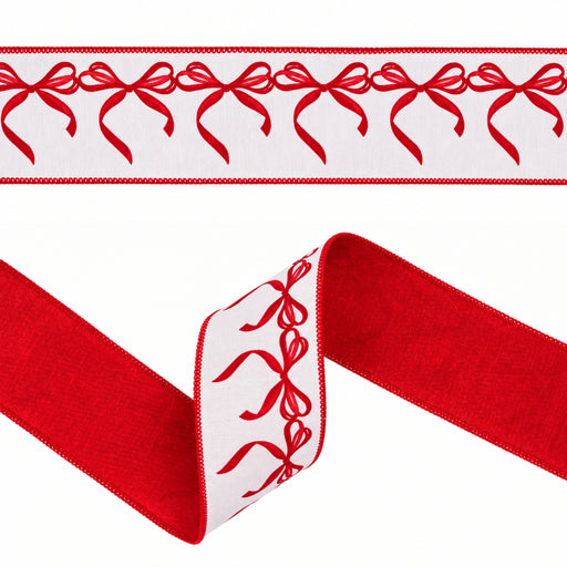 Red Bow Garland Wired Dupioni Ribbon with Red Backing 2.5″ x 10 Yards 9744W-010-63E featuring a pattern of red bows on a white background with a solid red reverse side, ideal for a Christmas wreath.