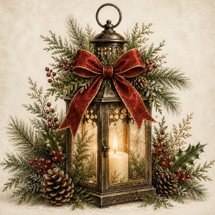 Winter lantern 10 inch metal sign with glowing candle, red velvet bow, pine and evergreen branches, red berries, pinecones and holly on a cream background, TTE-686.