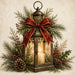 Winter lantern 10 inch metal sign with glowing candle, red velvet bow, pine and evergreen branches, red berries, pinecones and holly on a cream background, TTE-686.