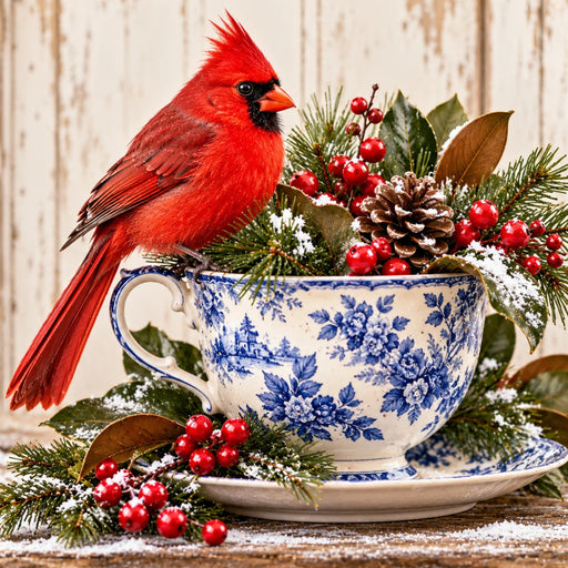 Flat metal winter sign featuring a bright red cardinal perched on a blue and white chinoiserie floral teacup filled with evergreen branches, red berries, magnolia leaves, and a pinecone dusted with snow. A matching saucer rests on a rustic wooden surface against a distressed white background. TTE-866.
