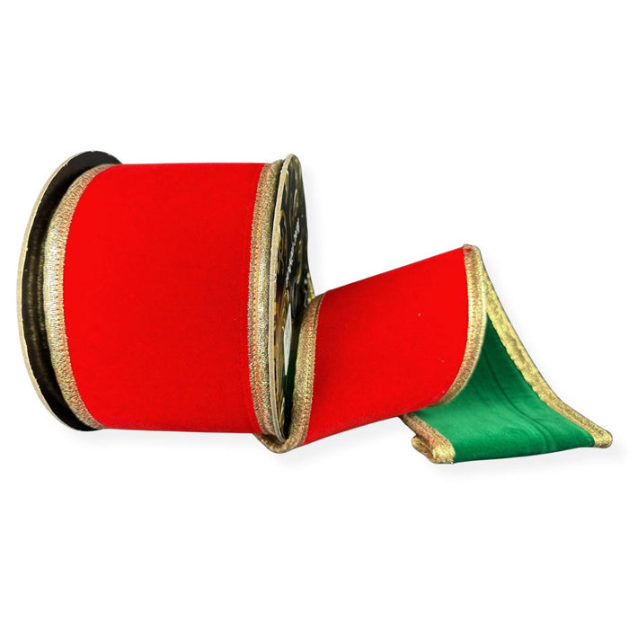 Double-sided red and emerald green velvet wired ribbon with puffy gold edge, 4 inches by 5 yards.