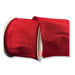A spool of 2.5" Red Faux Dupioni Wired Ribbon (72434-40-12) is partially unrolled, highlighting its smooth, shiny texture and silk-like finish. The wired ribbon features finished edges and is set against a white background.
