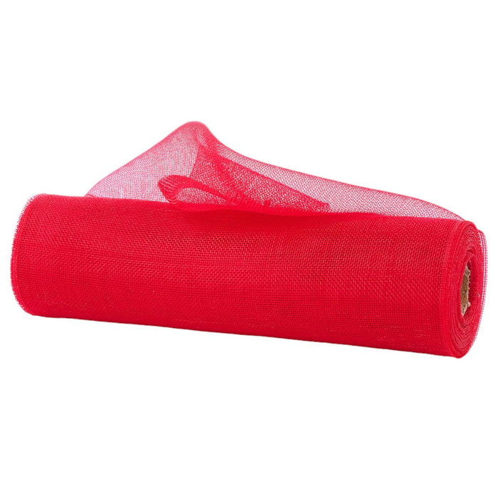 Roll of red fine weave mesh 10.25 inches wide by 10 yards long with subtle foil shine for wreath making and DIY decor projects.