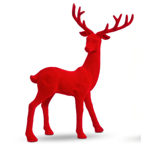 13" red flocked deer figurines with antlers stand facing each other on a white background, perfect accents from the All of the Trimmings Collection. Product: 13" Red Flocked Deer 4432754.