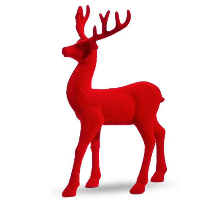 13" red flocked deer figurines with antlers stand facing each other on a white background, perfect accents from the All of the Trimmings Collection. Product: 13" Red Flocked Deer 4432754.