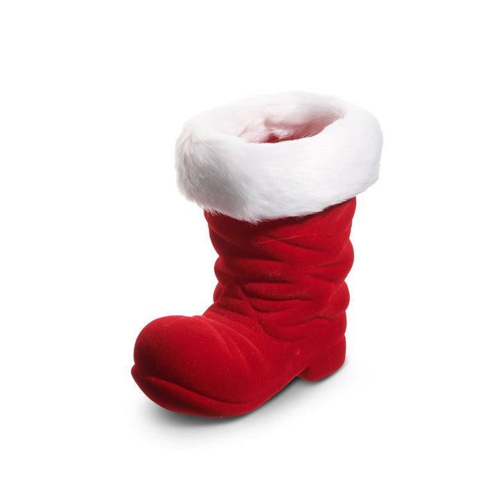 The 7.5″ Red Flocked Santa Boot Container (RAZ 4540874) features a plush red design with a fluffy white cuff, closely resembling Santa Claus’s iconic boot—making it an ideal decorative accent or festive container for your Christmas celebrations.