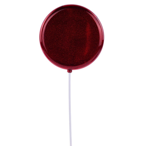 A shiny, round Red Glitter Lollipop 6 Inch Wide 13.75 Inch Tall Plastic Holiday Decor (XC120724) with a white string—perfect for Christmas or candy-themed displays, isolated on white.