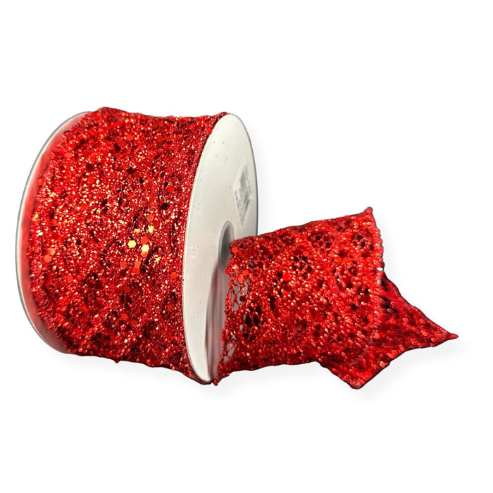 Red glitter diamond net wired ribbon with sparkling textured finish, 2.5 inches wide by 10 yards.