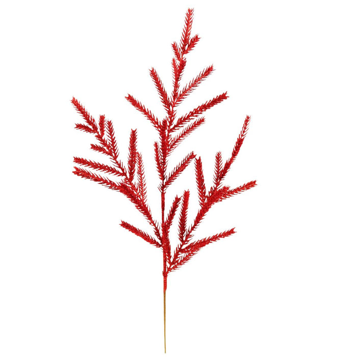 Red glittered pine Christmas spray measuring 22 inches for wreaths, trees and holiday arrangements.