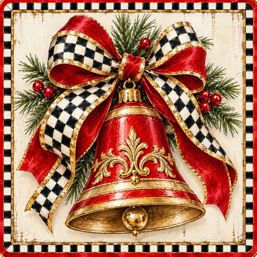 Red and gold Christmas bell metal sign with an oversized black and white check bow, gold trim, evergreen greenery, red berries, and coordinating check border, TTE-836.