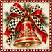 Red and gold Christmas bell metal sign with an oversized black and white check bow, gold trim, evergreen greenery, red berries, and coordinating check border, TTE-836.