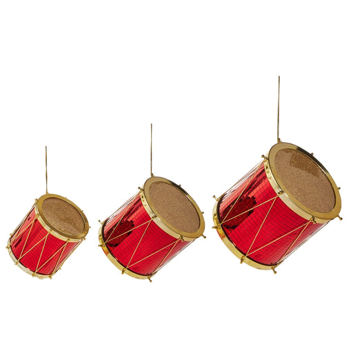 Three Red & Gold Christmas Drum Ornaments – 3 Sizes (RAZ 4516726) hang from strings against a white background, making festive holiday decorations and charming Christmas drum ornaments.
