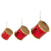 Three Red & Gold Christmas Drum Ornaments – 3 Sizes (RAZ 4516726) hang from strings against a white background, making festive holiday decorations and charming Christmas drum ornaments.