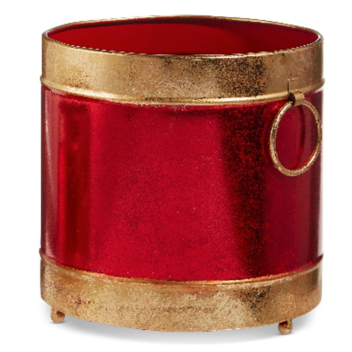 The 8" Red and Gold Containers 4525965 by Raz are metal sheet cylinders of different sizes with gold rims, bases, and decorative rings, creating festive Christmas decor against a white background.