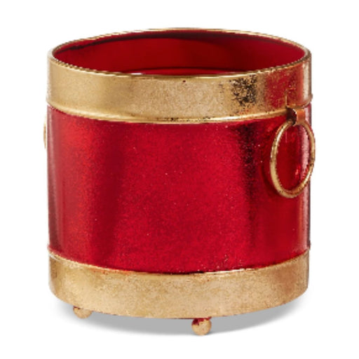 The 8" Red and Gold Containers 4525965 by Raz are metal sheet cylinders of different sizes with gold rims, bases, and decorative rings, creating festive Christmas decor against a white background.
