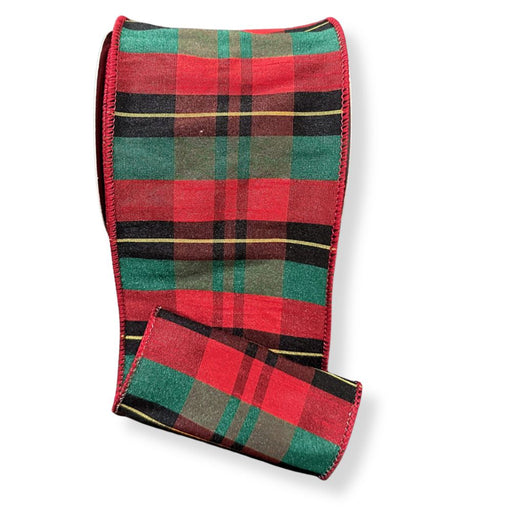 4-inch red, green, black, and gold faux dupioni plaid wired ribbon on a 10-yard roll for Christmas wreaths, bows, garlands, and holiday decorating.