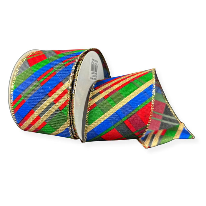 Red, royal blue, green and metallic gold Conklin plaid wired Christmas ribbon, 2.5 inches wide by 10 yards.