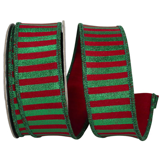Red and green glitter stripe wired Christmas ribbon with solid red backing, 1.5 inches wide by 5 yards, SKU 94586W-985-09D.
