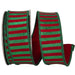Red and green glitter stripe wired Christmas ribbon with solid red backing, 1.5 inches wide by 5 yards, SKU 94586W-985-09D.
