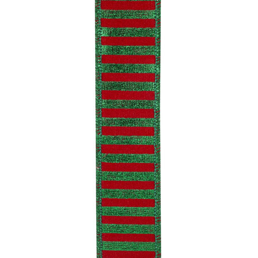 Red and green glitter stripe wired Christmas ribbon with solid red backing, 1.5 inches wide by 5 yards, SKU 94586W-985-09D.